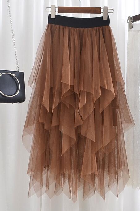 Color-Brown-Spring Autumn Irregular Asymmetric Bottom Stitching Puffy Mesh Skirt High Waist Mesh Skirt Fairy Tide Skirt-Fancey Boutique