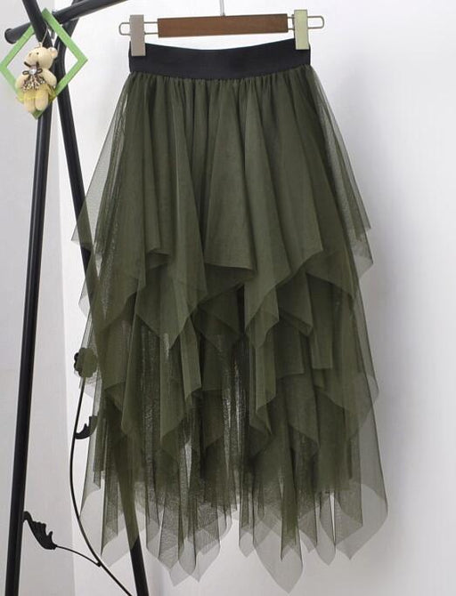 Color-Army Green-Spring Autumn Irregular Asymmetric Bottom Stitching Puffy Mesh Skirt High Waist Mesh Skirt Fairy Tide Skirt-Fancey Boutique