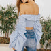 Color-Summer Slim Fit Solid Color off Neck Lantern Long Sleeve Ruffled Elastic Waist Cropped Outfit Shirt Women-Fancey Boutique