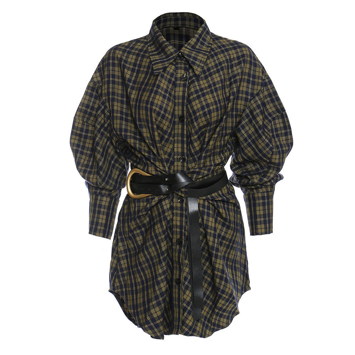 Color-Yellow & blue & plaid-Autumn Winter Plaid Shirt Women Loose Korean Retro with Belt Mid Length Shirt Dress Top-Fancey Boutique