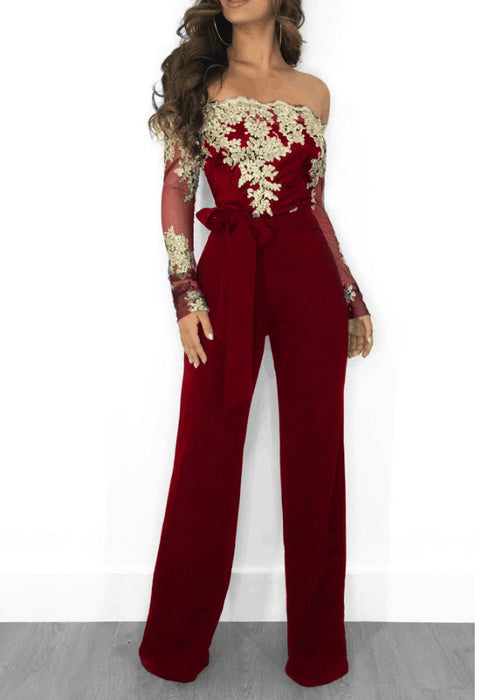 Color-Wine Red Golden Edge-Clothing Casual Women Water Soluble Lace off Neck Wide Leg Jumpsuit-Fancey Boutique