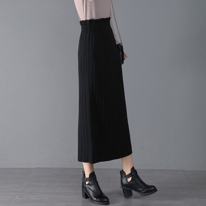 Color-Black-Knitted Skirt Mid-Length Autumn Winter Pleated Skirt High Waist Hip Skirt Straight Skirt Winter Skirt Women Skirt-Fancey Boutique