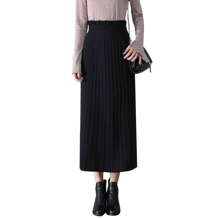 Color-Black-Knitted Skirt Mid-Length Autumn Winter Pleated Skirt High Waist Hip Skirt Straight Skirt Winter Skirt Women Skirt-Fancey Boutique