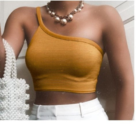 Color-Summer Sexy Women Vest Solid Shoulder Irregular Asymmetric Belt Camisole-Fancey Boutique