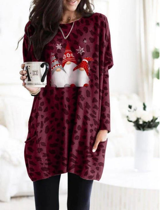 Color-Autumn Winter Long Sleeve Pocket Leopard Print Christmas Print Dress-Fancey Boutique