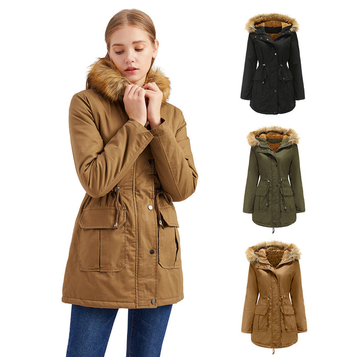 Color-New Size Fleece Lined Coat Hooded Fur Collar Winter Warm Coat Plus Size Women Cotton-Padded Jacket-Fancey Boutique