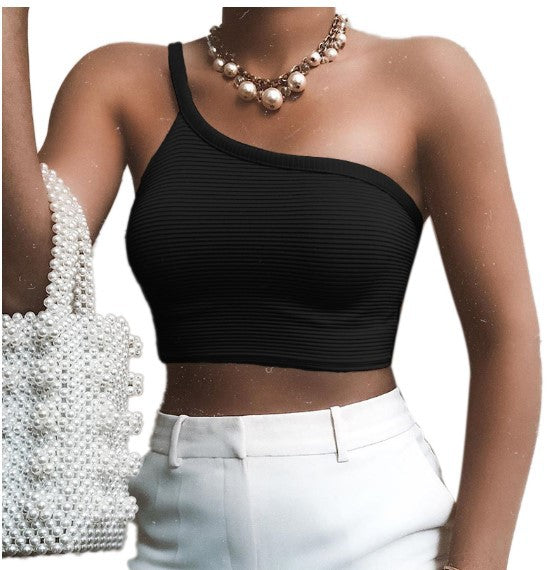 Color-Summer Sexy Women Vest Solid Shoulder Irregular Asymmetric Belt Camisole-Fancey Boutique