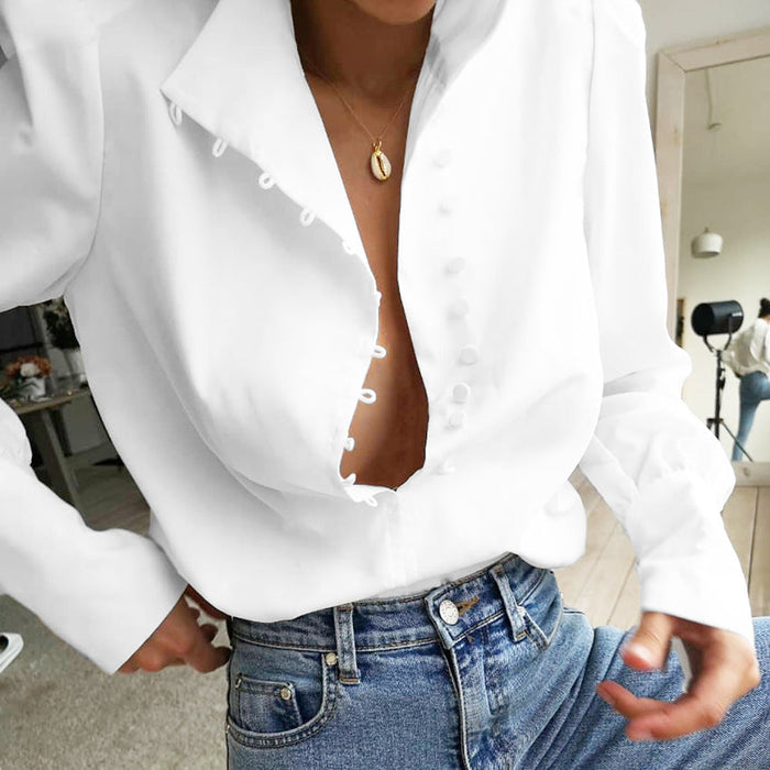 Color-Stand Collar Long Sleeve Shirt Women Autumn Loose White Office Casual Shirt-Fancey Boutique