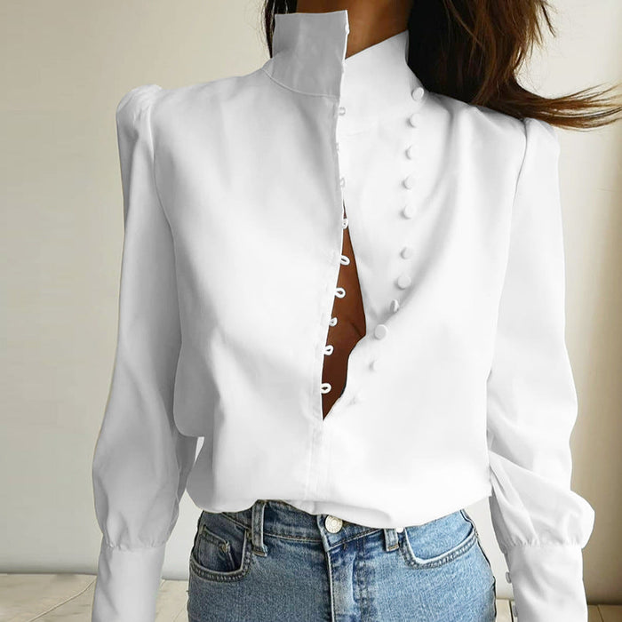 Color-Stand Collar Long Sleeve Shirt Women Autumn Loose White Office Casual Shirt-Fancey Boutique