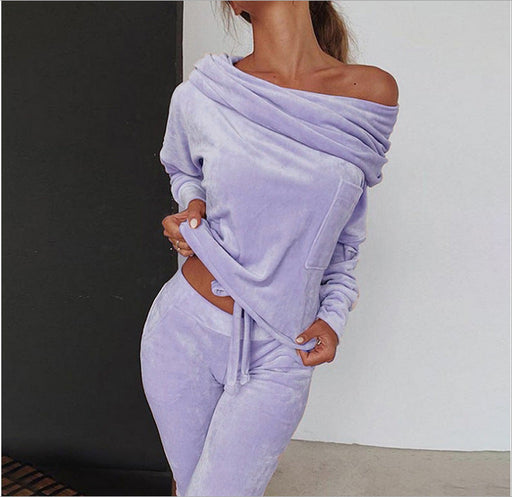 Color-Purple-Solid Color Casual Set Off-shoulder Bow Slim Fit Homewear Suits Loungewear-Fancey Boutique