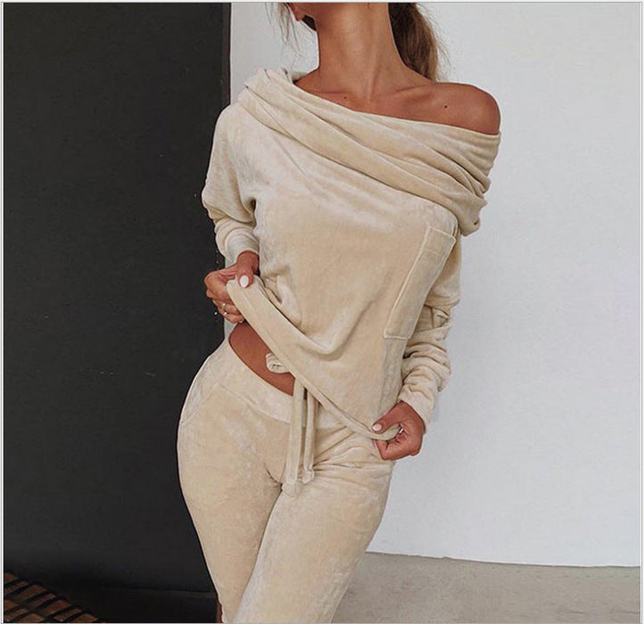 Color-Khaki-Solid Color Casual Set Off-shoulder Bow Slim Fit Homewear Suits Loungewear-Fancey Boutique