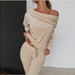 Color-Khaki-Solid Color Casual Set Off-shoulder Bow Slim Fit Homewear Suits Loungewear-Fancey Boutique