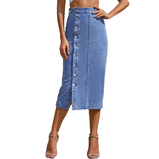 Color-Women Clothing Button Irregular Asymmetric Slit Denim High Waist Long Skirt-Fancey Boutique