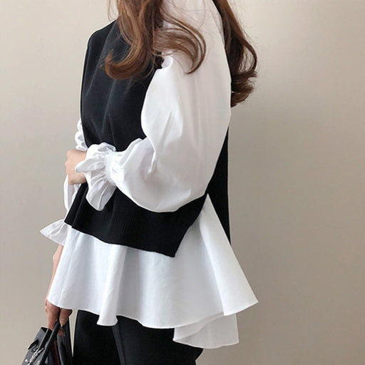 Color-Black Vest White Shirt-Two Piece Set Korean Autumn Winter Graceful Knitted Vest Long Sleeve Shirt Outfit-Fancey Boutique