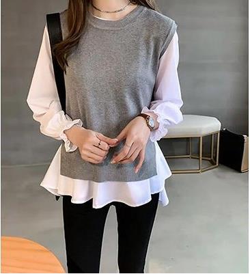 Color-Gray Vest White Shirt-Two Piece Set Korean Autumn Winter Graceful Knitted Vest Long Sleeve Shirt Outfit-Fancey Boutique