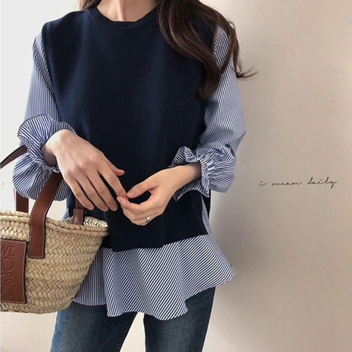 Color-Two Piece Set Korean Autumn Winter Graceful Knitted Vest Long Sleeve Shirt Outfit-Fancey Boutique