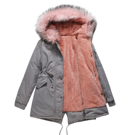 Color-Pink-Size Big Fur Collar Thickened Women Cotton-Padded Coat Mid-Length Hooded Winter Warm Fleece Overcoat Cotton-Padded Coat-Fancey Boutique