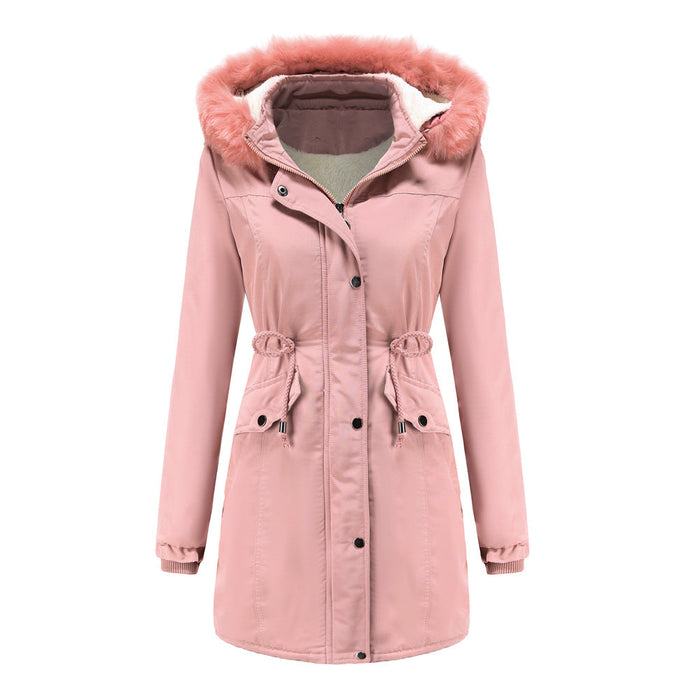 Color-Pink-Autumn Winter Warm Women Cotton Thickened Velvet Cotton Clothes Women Detachable Hat Big Fur Collar Coat Plus Size-Fancey Boutique