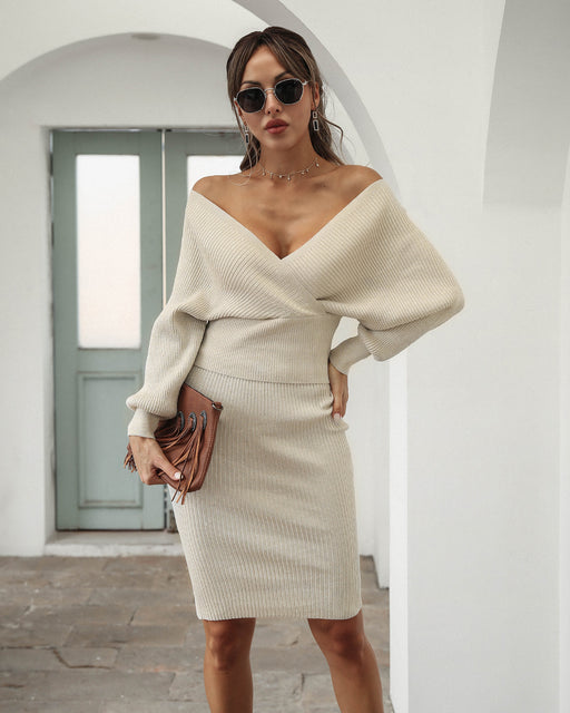 Color-Women Clothing Autumn Winter Boat Collar Batwing Sleeve Sweater Backless Two-Piece Set Package Hip Sweater Dress-Fancey Boutique