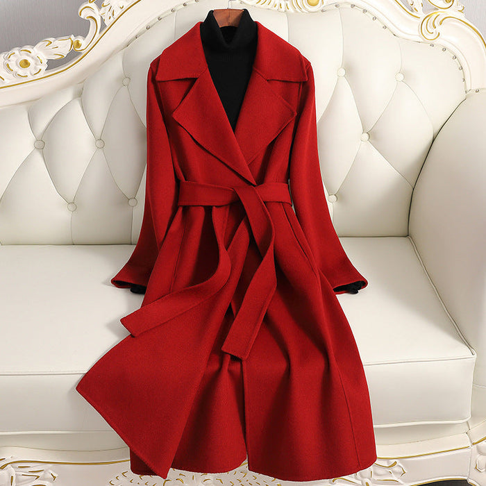 Color-Brownish Red-Double-Faced Woolen Goods Cashmere Coat Mid-Length Slim Fit Slimming Hepburn Woolen Coat-Fancey Boutique