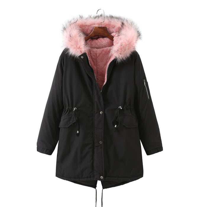 Color-Black Pink Wool-Winter Fleece-Lined Thickened -Size Cotton-Padded Coat Plus Size-Fancey Boutique