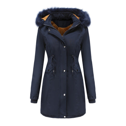 Color-Navy Blue-Autumn Winter Warm Women Cotton Thickened Velvet Cotton Clothes Women Detachable Hat Big Fur Collar Coat Plus Size-Fancey Boutique