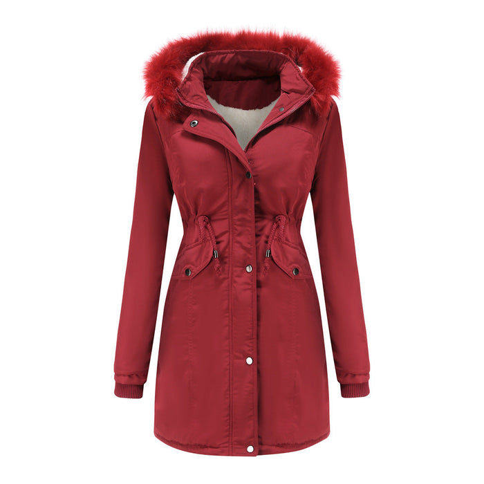 Color-Jujube Red-Autumn Winter Warm Women Cotton Thickened Velvet Cotton Clothes Women Detachable Hat Big Fur Collar Coat Plus Size-Fancey Boutique