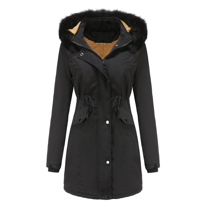 Color-Black-Autumn Winter Warm Women Cotton Thickened Velvet Cotton Clothes Women Detachable Hat Big Fur Collar Coat Plus Size-Fancey Boutique