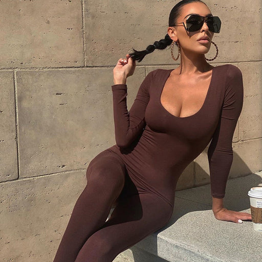 Color-Low-necked Close-fitting Long Sleeve High Waist Solid Color Sports Fitness Jumpsuit-Fancey Boutique