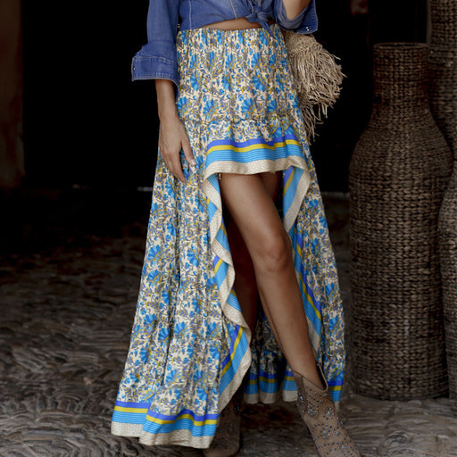 Color-Rayon Printed Irregular Asymmetric High Waist All Match Long Skirt For Women-Fancey Boutique