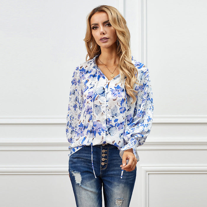 Color-Blue-Autumn Winter Cardigan Button Floral Chiffon Shirt Women Loose Top-Fancey Boutique