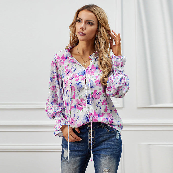 Color-Rose Red-Autumn Winter Cardigan Button Floral Chiffon Shirt Women Loose Top-Fancey Boutique