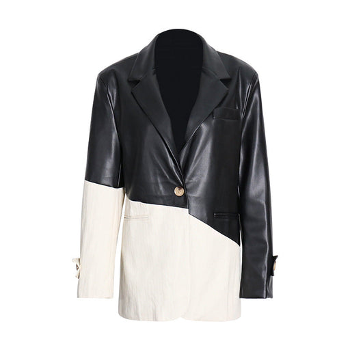 Color-Autumn Street Handsome Black White Color Contrast Patchwork Texture Faux Leather Blazer Women-Fancey Boutique