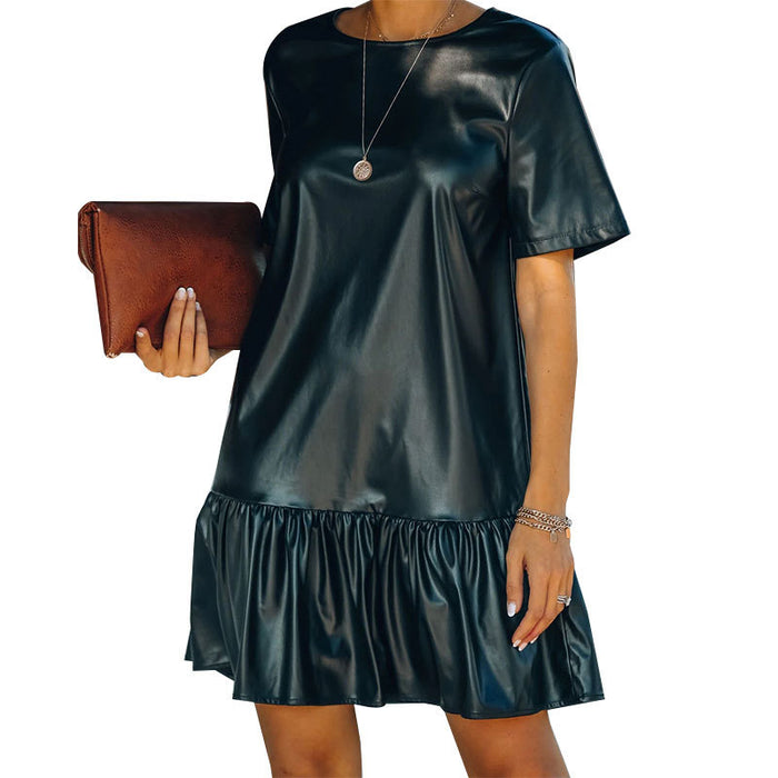 Color-Autumn Winter Office Ruffled Loose Slimming Patent Leather Faux Leather Short Sleeve Dress-Fancey Boutique