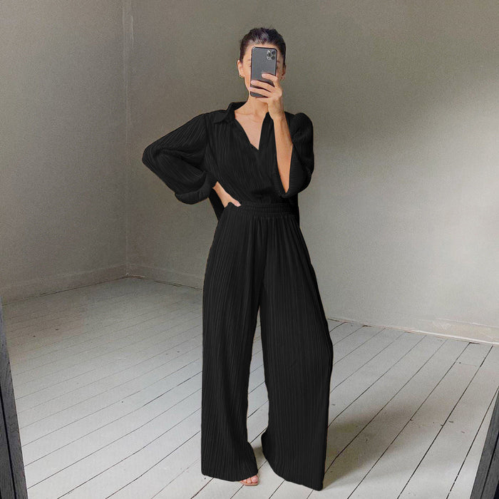 Color-Black Suit-Long Sleeve Collared Pleated Shirt Women Wide Leg Mop Drape Pleated Trousers Suit Solid Color textured-Fancey Boutique