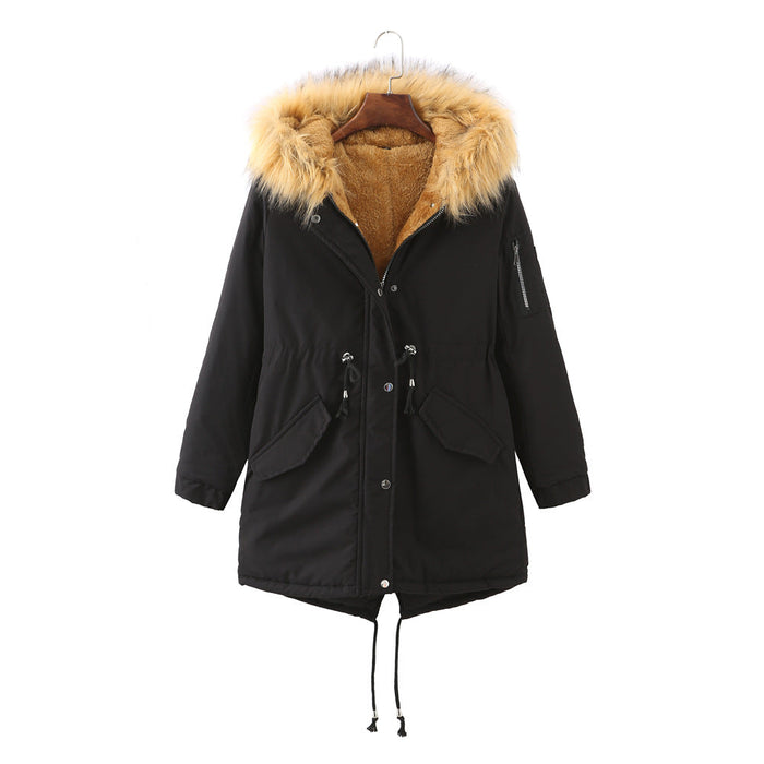 Color-Black Surface and Yellow Hair-Winter Fleece-Lined Thickened -Size Cotton-Padded Coat Plus Size-Fancey Boutique