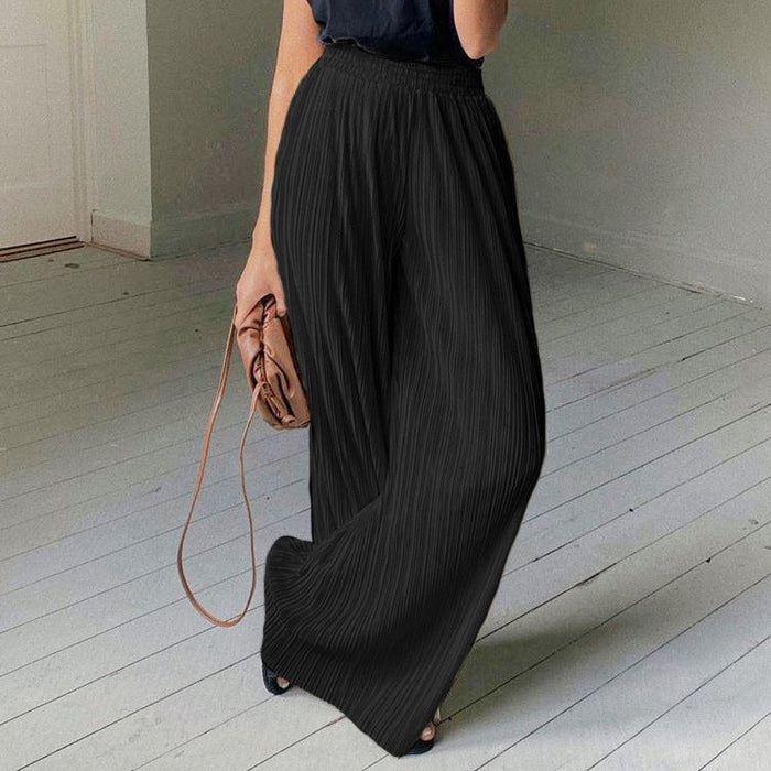 Color-Black Pants-Long Sleeve Collared Pleated Shirt Women Wide Leg Mop Drape Pleated Trousers Suit Solid Color textured-Fancey Boutique