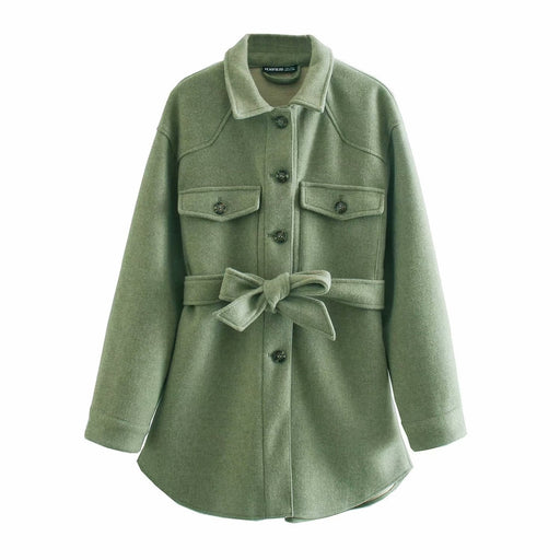 Color-Green-Fall Lapels Single-Breasted Belt Waist Slim Mid-Length Woolen Coat Top Women-Fancey Boutique