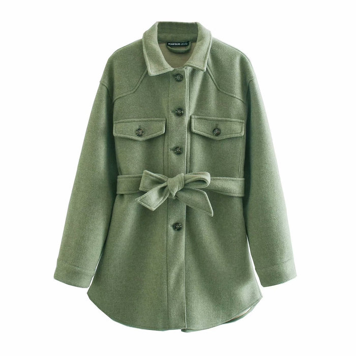 Color-Green-Fall Lapels Single-Breasted Belt Waist Slim Mid-Length Woolen Coat Top Women-Fancey Boutique