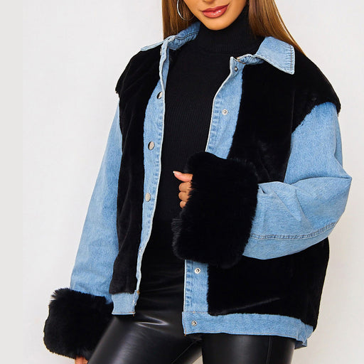 Color-Lady Denim Jacket Casual Plush Denim Stitching Warm Coat Fall winter Jacket-Fancey Boutique