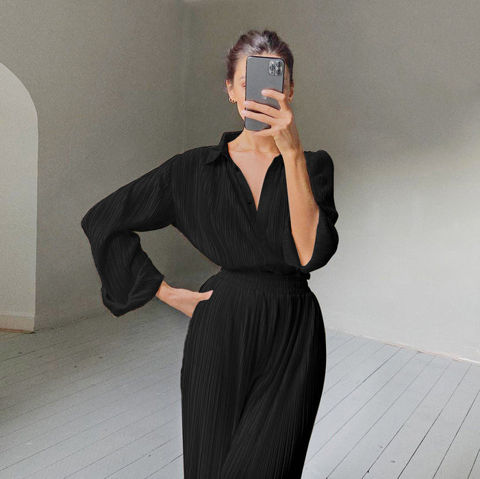 Color-Black Coat-Long Sleeve Collared Pleated Shirt Women Wide Leg Mop Drape Pleated Trousers Suit Solid Color textured-Fancey Boutique