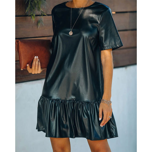 Color-Autumn Winter Office Ruffled Loose Slimming Patent Leather Faux Leather Short Sleeve Dress-Fancey Boutique