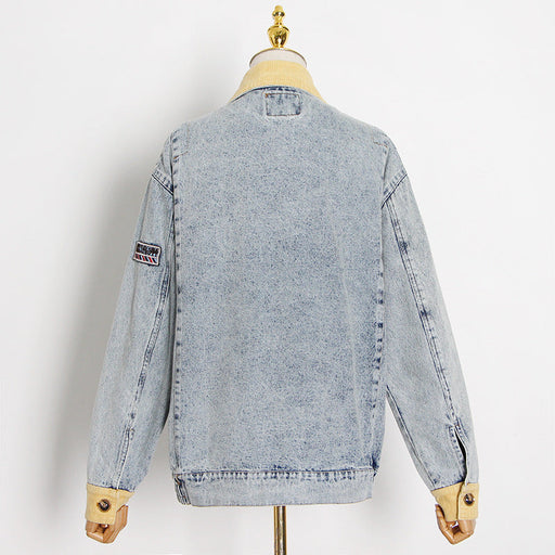 Color-Spring Elegance Retro Collared Single Breasted Design Color Contrast Patchwork Loose Denim Jacket-Fancey Boutique