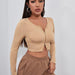 Color-Light Khaki-Sexy Top Women Sweater Thin Retro Lapels Double Zipper Long Sleeve High Waist Sweater Short Cardigan-Fancey Boutique