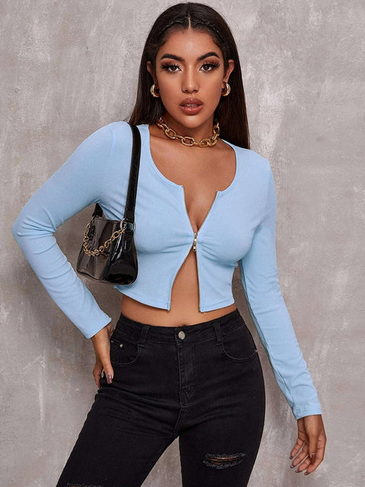 Color-Blue-Sexy Top Women Sweater Thin Retro Lapels Double Zipper Long Sleeve High Waist Sweater Short Cardigan-Fancey Boutique