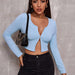 Color-Blue-Sexy Top Women Sweater Thin Retro Lapels Double Zipper Long Sleeve High Waist Sweater Short Cardigan-Fancey Boutique
