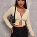Color-Apricot-Sexy Top Women Sweater Thin Retro Lapels Double Zipper Long Sleeve High Waist Sweater Short Cardigan-Fancey Boutique