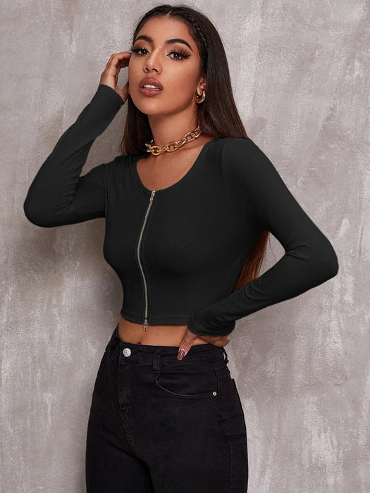 Color-Sexy Top Women Sweater Thin Retro Lapels Double Zipper Long Sleeve High Waist Sweater Short Cardigan-Fancey Boutique