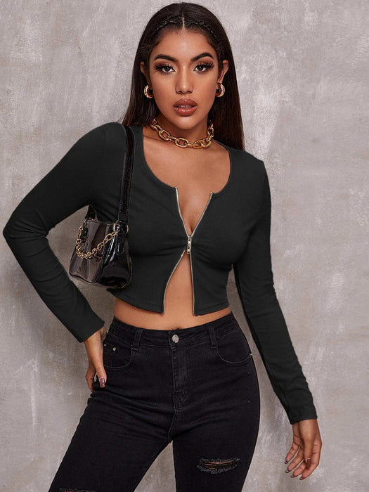 Color-Black-Sexy Top Women Sweater Thin Retro Lapels Double Zipper Long Sleeve High Waist Sweater Short Cardigan-Fancey Boutique