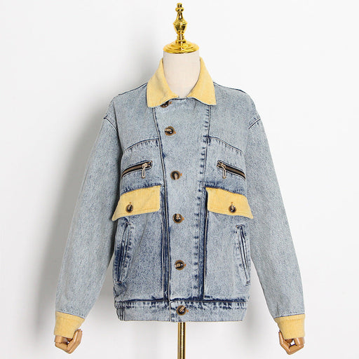 Color-Blue-Spring Elegance Retro Collared Single Breasted Design Color Contrast Patchwork Loose Denim Jacket-Fancey Boutique